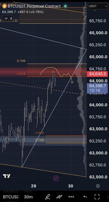 The image shows a BTCUSDT perpetual contract trading chart, with key levels marked by Fibonacci ratios and price points. The current price is 64,398.7 USDT, and the chart indicates 64,648.5 USDT as a major supply area.