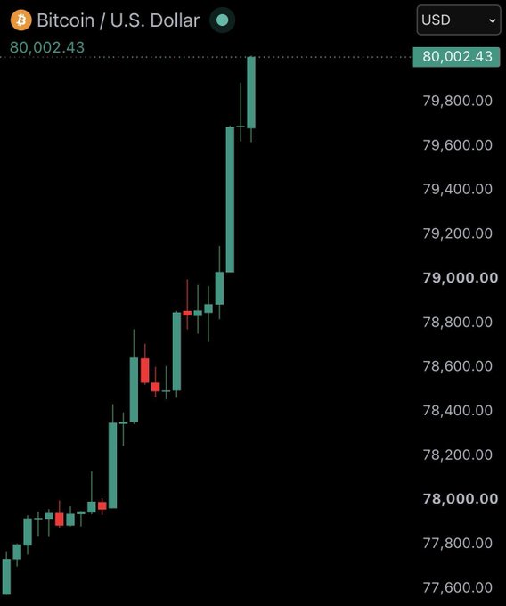 A Bitcoin (BTC/USD) price chart showing an upward trend, with the current price displayed at $80,002.43.