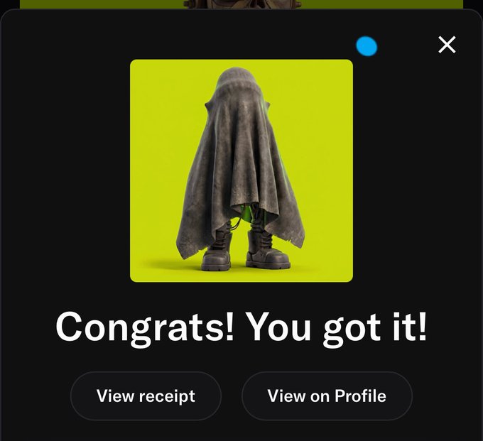 A congratulatory NFT mint notification displaying "Congrats! You got it!" with a cloaked character wearing boots against a yellow background, alongside "View receipt" and "View on Profile" buttons, celebrating the successful minting of their spot with @Mattymatrix_.