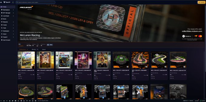 A screenshot of a Track artwork collection page on a marketplace called 'collects.mclaren.com', displaying a banner for 'McLaren Racing' and a grid of digital collectible artwork cards.
