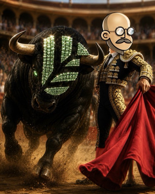 An AI-generated image shows a matador in traditional gold-embroidered attire holding a red cape next to a black bull with a green, jewel-encrusted logo design on its side, set in a bullring.