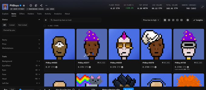 A screenshot of the PitBoys NFT marketplace showing pixel art character collectibles priced in ETH, with featured items like PitBoy #4685, #2377, and #4459 displayed in a grid layout.