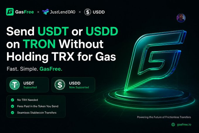 The image is a promotional graphic for GasFree by JustLendDAO, advertising support for sending USDT or USDD on the TRON network without needing to hold TRX for gas fees, featuring the tagline "Fast. Simple. GasFree." and highlighting key benefits like "No TRX Needed," "Fees Paid in the Token You Send," and "Seamless Stablecoin Transfers."