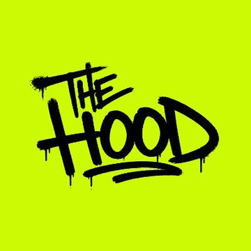 Black graffiti-style text reading 'THE HOOD' with dripping paint effects on a bright neon yellow-green background.