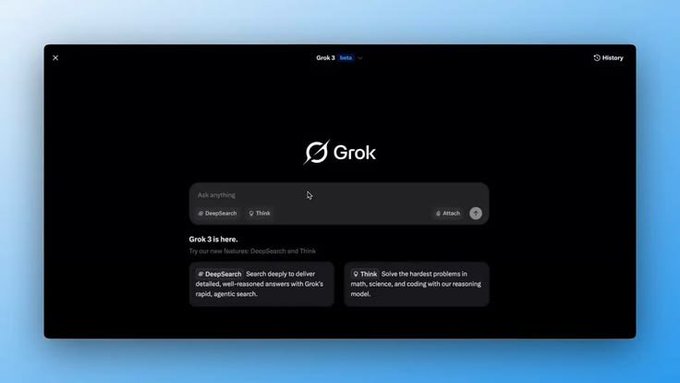 Grok 3 chat interface with 'Grok 3 Beta' mode selected, featuring options for DeepSearch and Think, and feature descriptions highlighting detailed answers and solving hard math, science, and coding problems.