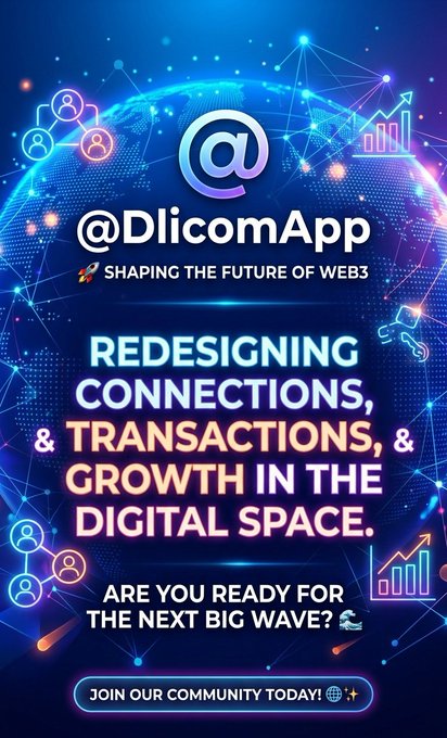 The image features a poster for Dlicom App, which promotes an upcoming event related to Web3 technology. The poster has a blue background with white text that reads "Redesigning connections, transactions & growth in the digital space." Below this information is a list of icons representing different aspects of Web3 and Blockchain technology. The poster also includes a social media share button for users to spread awareness about the event or join the community.