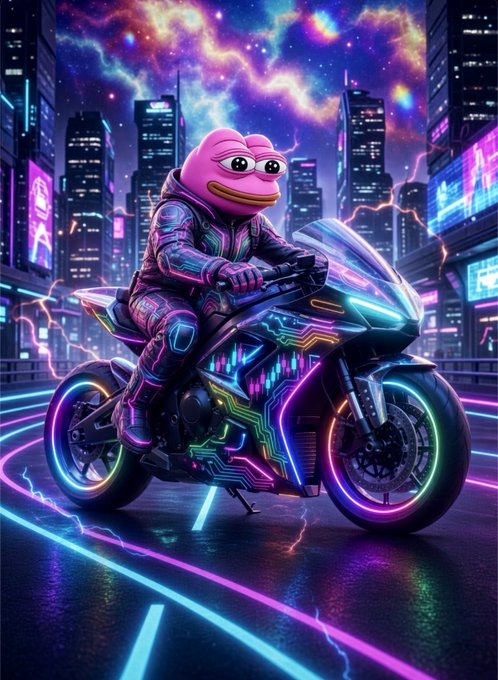 A vibrant, neon-lit illustration of the Pepe the Frog meme character dressed in futuristic armor, riding a glowing cyberpunk motorcycle through a futuristic cityscape. The image aligns with the post's promotion of $PORK and Pond0x.com, evoking a "meme coin meets cyberpunk aesthetic" vibe.