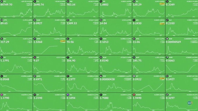A grid of green-background cryptocurrency price tickers showing various coins with their prices, percentage changes, and line charts, mostly displaying negative returns.