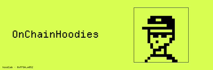 A yellow-green graphic featuring the pixel art hoodlump character and the text 'OnChainHoodies' with 'hoodlab - 0xFF8A.eB52' in the bottom corner.