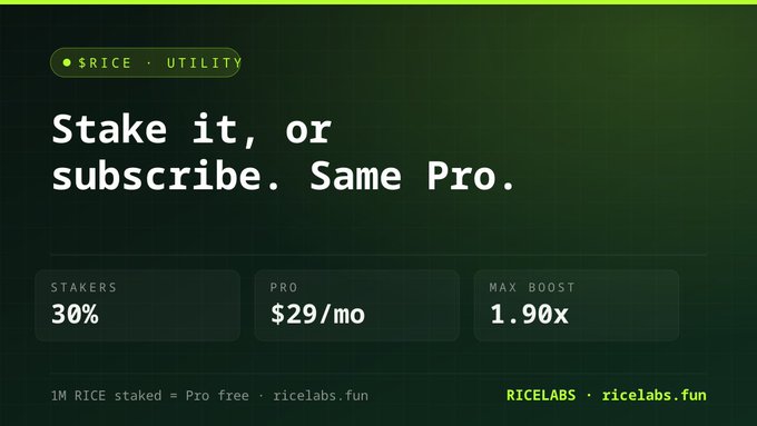 A pricing comparison graphic for RICELABS showing that staking 1M RICE tokens grants Pro membership for free, while a subscription costs $29/mo with a 30% staker discount and 1.90x max boost.