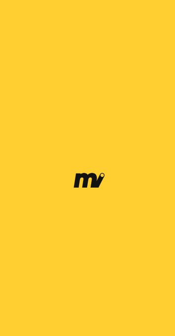 A minimalist yellow screen displaying a small black logo with the letters 'mv' in the center.