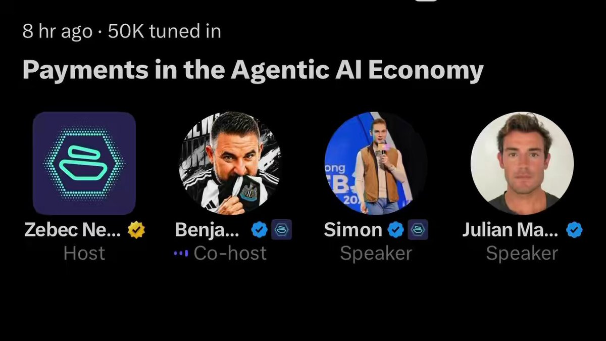 The image shows a post about payments made in the Agentic AI economy. The post features four people's names along with their respective roles or positions within the economy. One person is named Zebec Ne, another is named Benja, and the third one is named Simon. Additionally, there are two speakers' names: Julian Ma and Julia Määläinen. The post also mentions that payments in the Agentic AI economy can be made by the second in stablecoins on the Stellar rails built with @StellarOrganizations.
