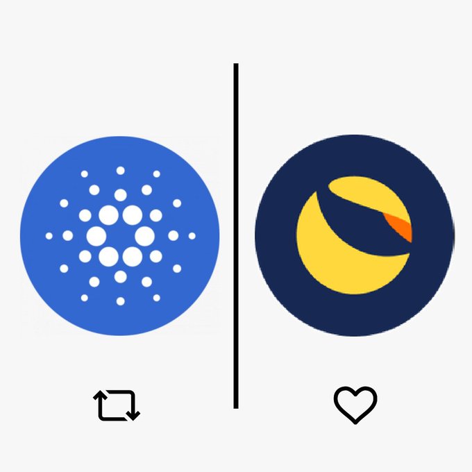 Two cryptocurrency logos separated by a vertical line: a blue Cardano (ADA) logo on the left and a yellow/dark LUNA logo on the right, with transfer and heart icons below.