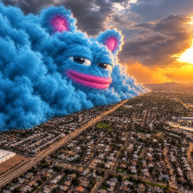 A surreal AI-generated image shows a giant blue cloud monster with pink ears and lips towering over a sprawling suburban cityscape at sunset.
