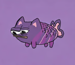 A digital illustration of a grumpy purple and pink cat with a fish-like tail standing against a solid purple background.