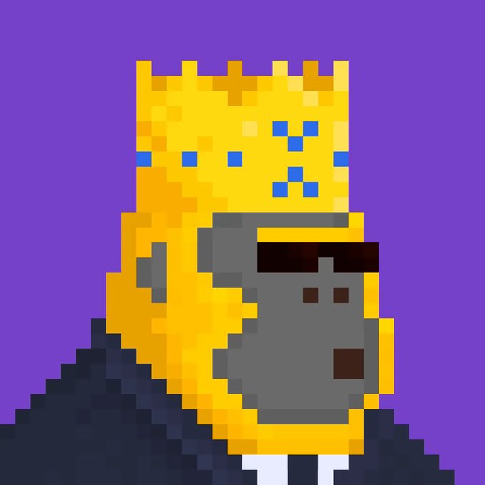 Pixel art of a character with a yellow hood or headdress and a grey, blocky face on a purple background.