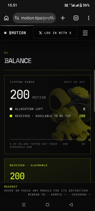 A mobile screenshot of a $MOTION token profile showing a tipping power balance of 200 MOTION, with 6 of 50,000 tipped out today and a readout of 200 claimable.