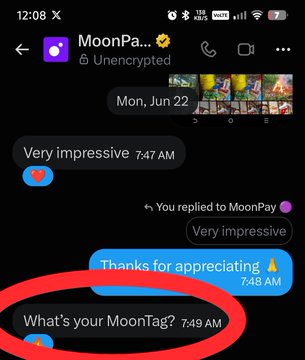 A WhatsApp or messaging app screenshot shows a conversation with 'MoonPa... (Unencrypted)' on June 22, with a red circle highlighting the message 'What's your MoonTag?'