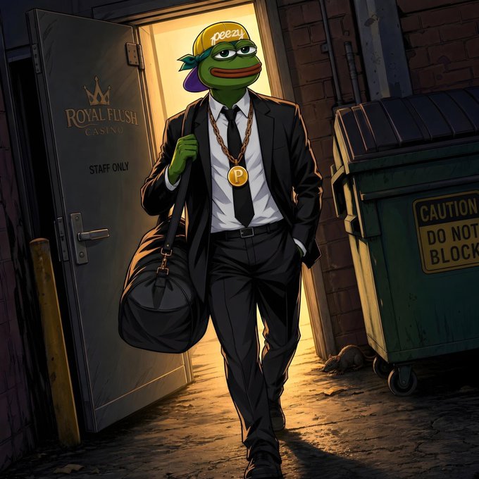 A Pepe the Frog character in a black suit and yellow bandana exits the staff-only door of the Royal Flush Casino carrying a duffel bag.