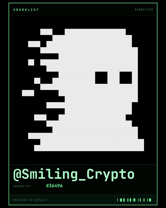 A pixelated black and white 'glitch' style character on a dark background with the text 'SNARKLIST', '@Smiling_Crypto', '#36496', and 'SHIELDED BY DEFAULT'.
