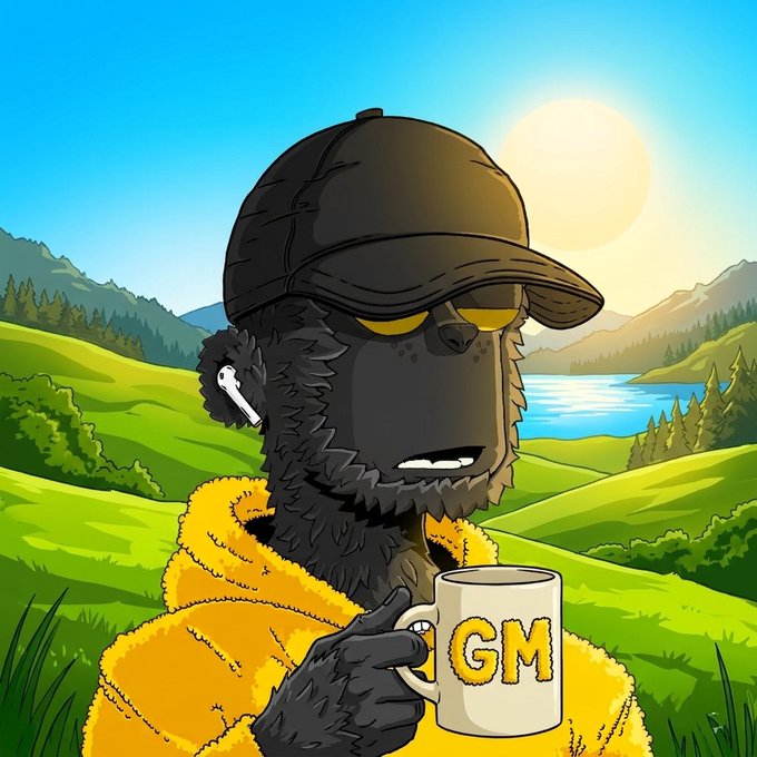 A cartoon illustration of a black gorilla wearing a black cap and holding a yellow mug with 'GM' written on it, set against a backdrop of green rolling hills and a lake.