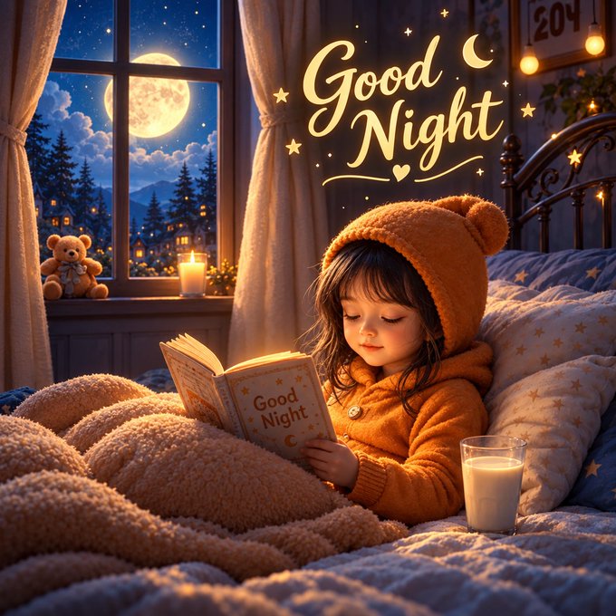 A warm, cozy illustration of a young girl in an orange bear-eared hooded sweater reading a 'Good Night' book by candlelight in bed, with a moonlit window, teddy bear, and a glass of milk visible.
