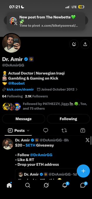 A screenshot of an X (Twitter) profile for 'Dr. Amir (@DrAmirGG)' shows a giveaway post for a '$20 - $ETH' prize requiring users to follow, like, and retweet with an ETH address.