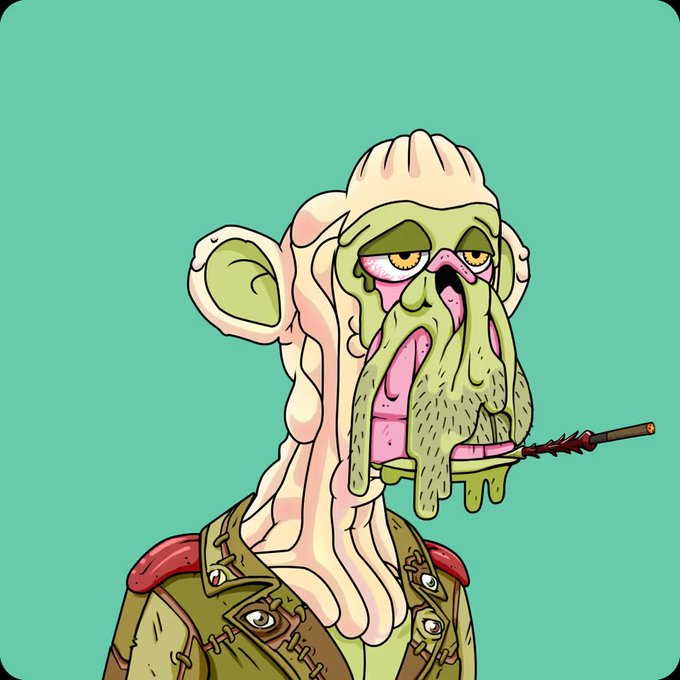 A cartoon illustration of a grotesque, zombie-like character with melting green skin, half-closed eyes, and a spiked stick in its mouth, set against a teal background.