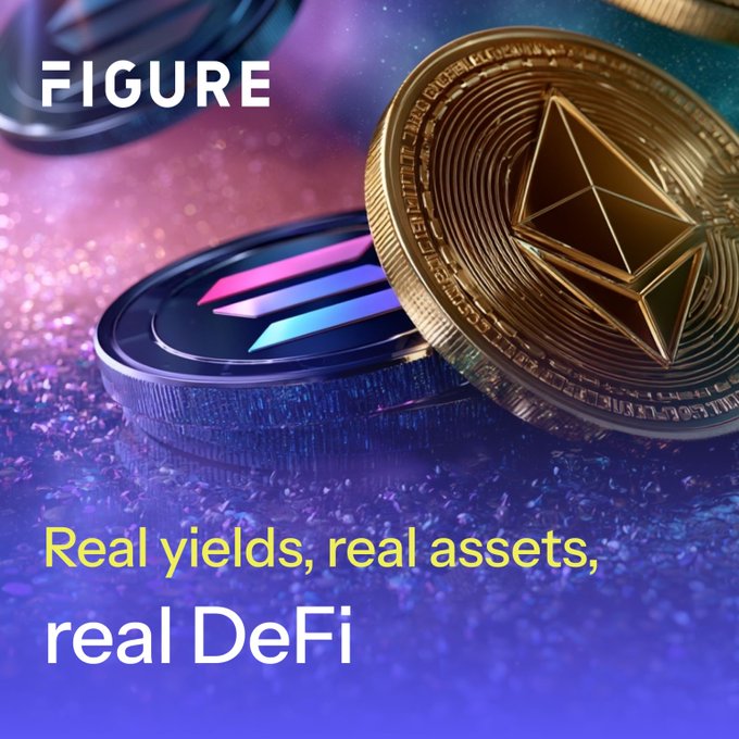 A promotional graphic featuring the "FIGURE" logo in the top left, displaying a golden Ethereum coin and a dark Solana coin resting on a sparkly blue and purple surface, with the tagline "Real yields, real assets, real DeFi" at the bottom. The image visually represents the post's message about Figure bridging the two largest DeFi ecosystems, Solana and Ethereum, to deliver real-world financial value.
