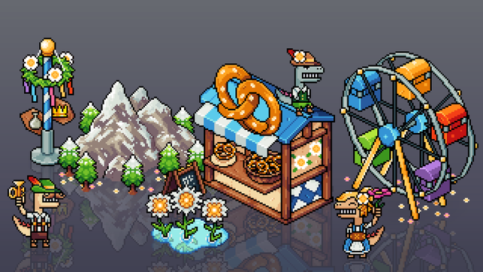 Colorful pixel art illustration featuring a pretzel stand, snow-capped mountains, a Ferris wheel, a totem pole, a fox, and a wolf character.
