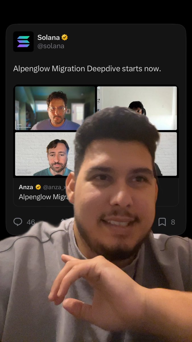 A young man poses in the foreground with his hand near his chin, while behind him a screen shows a tweet from @solana reading 'Alpenglow Migration Deepdive starts now' featuring a video call with Josh (Anatoly Yakovenko) and Eric (from Anza).