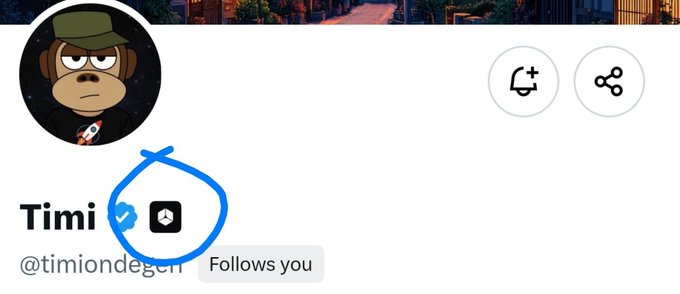 A Twitter profile screenshot shows the user "Timi (@timiondegen)" with a cartoon monkey avatar, featuring a hand-drawn blue arrow circling the profile icon.
