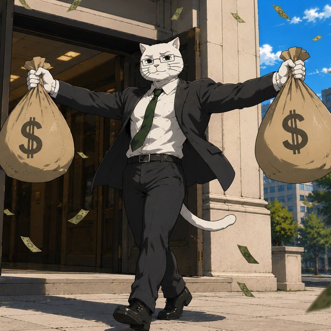 An anime-style illustration of a confident white cat in a business suit and tie walking out of a building carrying two large money bags marked with dollar signs, with cash flying around.