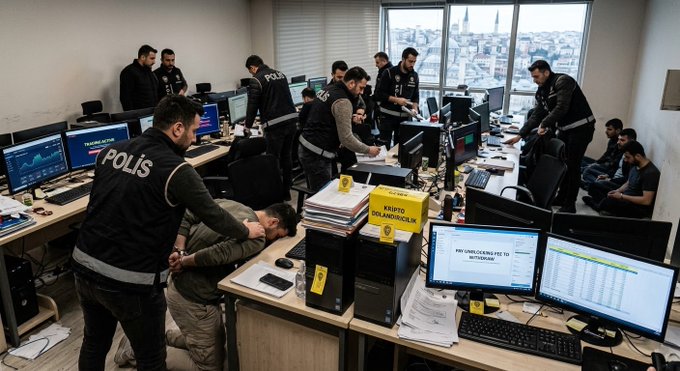Turkish police officers wearing vests labeled 'POLİS' conduct a raid in an office space, detaining a man at a desk with case files labeled 'KEŞİT (İN UYANDIRICI)', with a screen mentioning 'KULLANICI GEREKÇESİZ PD TO WhatsApp'.