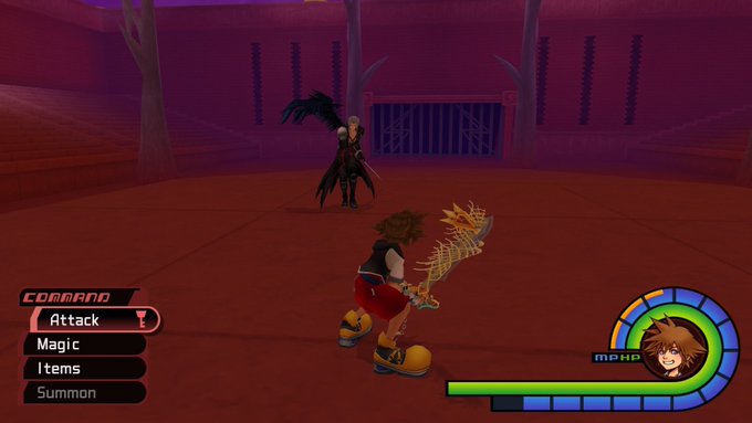 A gameplay screenshot from Kingdom Hearts, showing Sora wielding the Keyblade facing off against an enemy in a purple-hued arena, with a battle command menu (Attack, Magic, Items, Summon) visible on the left.