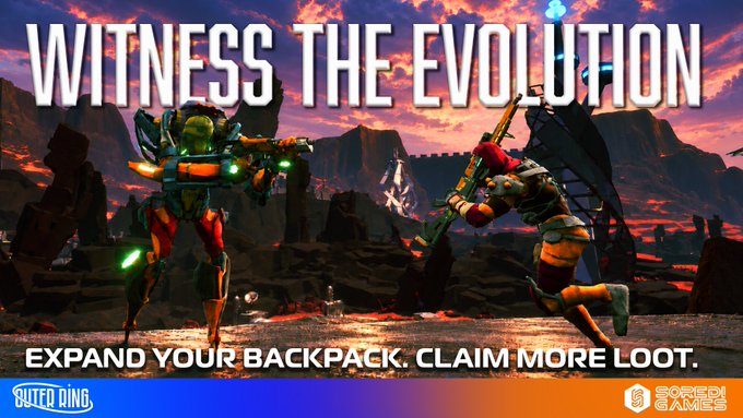 A promotional banner reading 'WITNESS THE EVOLUTION' and 'EXPAND YOUR BACKPACK. CLAIM MORE LOOT.' featuring video game characters in a battlefield setting, with 'SUTFF DING' and 'SOREN GAMES' logos.
