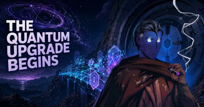 An illustration with the text 'THE QUANTUM UPGRADE BEGINS' showing a glowing-eyed character with a brown cloak holding a staff, set against a cosmic backdrop with floating purple crystals.