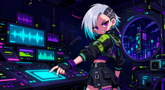 An anime-style illustration of a white-haired female DJ in cyberpunk attire operating a mixing console in a neon-lit studio with audio waveforms displayed on monitors.