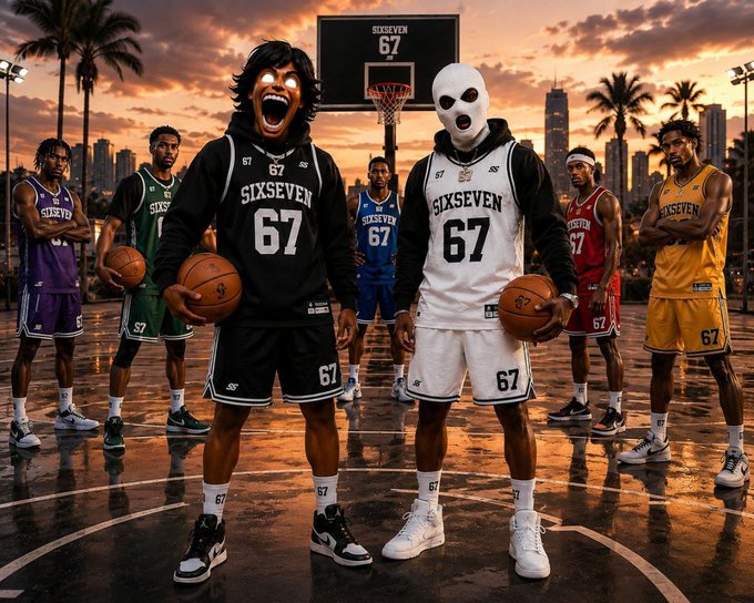 A dramatic scene on an outdoor basketball court at sunset features several players in jerseys, with two central figures wearing 'SIXSEVEN 67' apparel and masks—one screaming and one in a white hockey-style mask—holding basketballs.