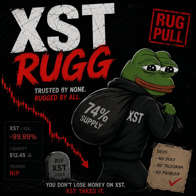 A promotional graphic for the cryptocurrency token "XST" features the Pepe the Frog meme character dressed as a burglar, carrying a bag labeled "74% SUPPLY XST." The image includes satirical text such as "XST RUGG," "TRUSTED BY NONE. RUGGED BY ALL.," a -99.99% price chart against SOL, $12.45 liquidity, "RIP" holders, and developer notes reading "NO DOXX, NO TELEGRAM, NO PROBLEM."