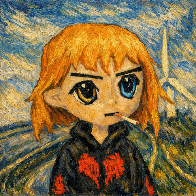 An anime-style portrait painted in the style of Van Gogh's Starry Night, featuring a girl with orange hair, mismatched eyes (one gold, one blue), and a cigarette, wearing a black hoodie with red Japanese characters.