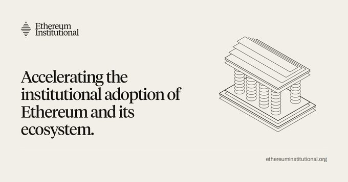 A minimalist promotional graphic for Ethereum Institutional featuring the tagline "Accelerating the institutional adoption of Ethereum and its ecosystem" alongside an isometric illustration of stacked coins, supporting the post's announcement of hiring a Head of Europe to expand institutional engagement across the region.