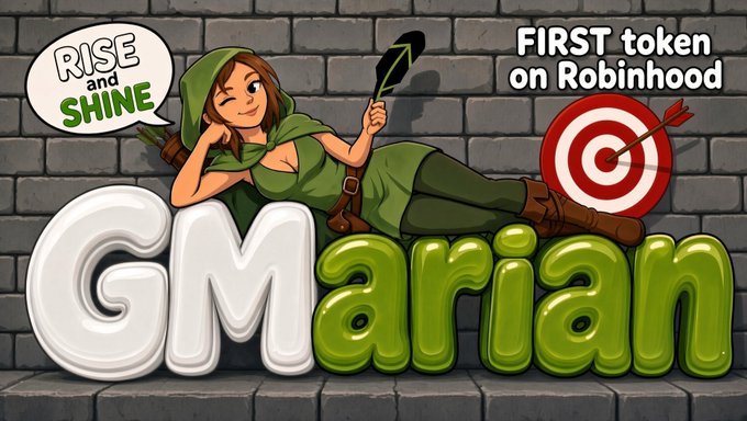 A promotional graphic features a stylized cartoon woman dressed as Robin Hood reclining against a brick wall, with a speech bubble reading "RISE and SHINE" and text in the top right corner announcing "FIRST token on Robinhood." She winks while holding a leaf, positioned next to a red and white target with an arrow in the bullseye, all set above the large green "GMarian" logo, reinforcing the post's call to mint the Lady Marian NFT.