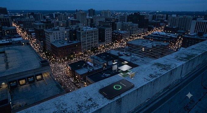 An AI-generated image showing a smartphone with a green charging circle resting on a rooftop ledge overlooking a city street grid lit up at dusk, with a small star/sparkle graphic in the corner.