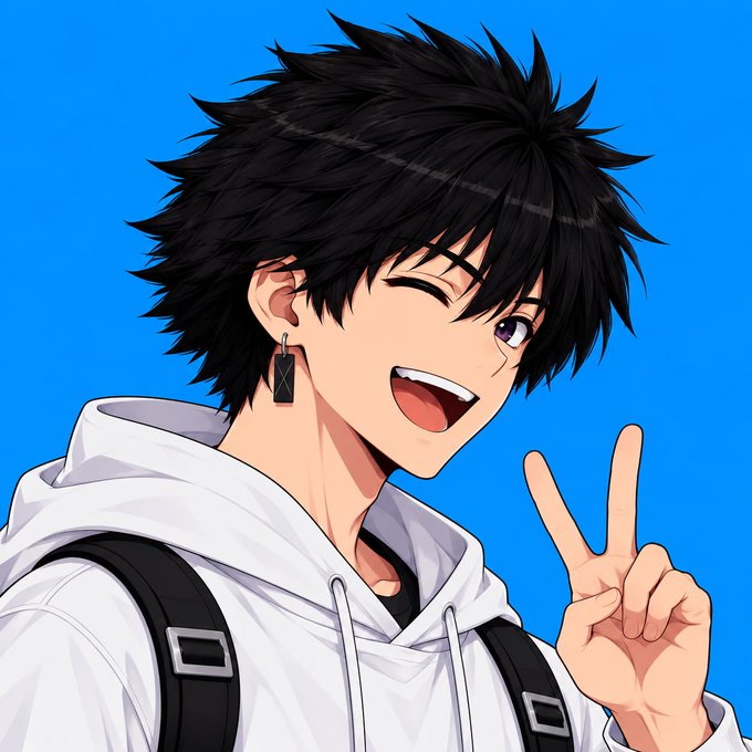 An anime-style illustration of a winking young man with messy black hair, wearing a white hoodie and a cross earring, making a peace sign against a bright blue background.