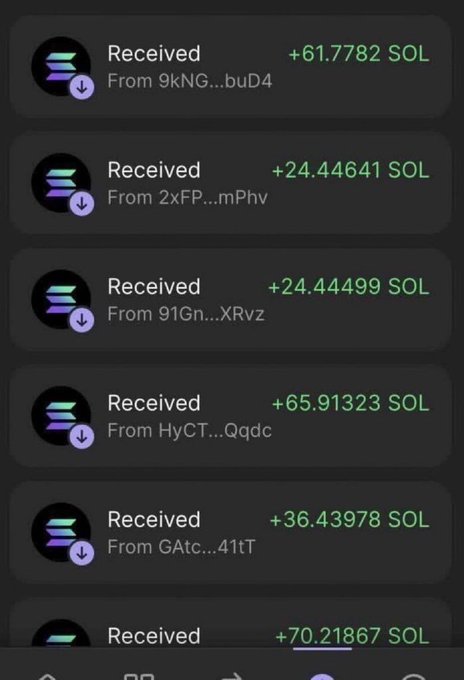 A screenshot of a crypto wallet showing multiple received SOL transactions, including amounts like +61.7782 SOL, +24.44641 SOL, +24.44499 SOL, +65.91323 SOL, +36.43978 SOL, and +70.21867 SOL from various senders (such as 9kNG...buD4, 2xFP...mPhv, 91Gn...XRvz, HyCT...Qqdc, and GAtc...41tT). The image serves as supposed "proof" to support a giveaway scam promising to send SOL to the first 1200 wallets that comment with their address.