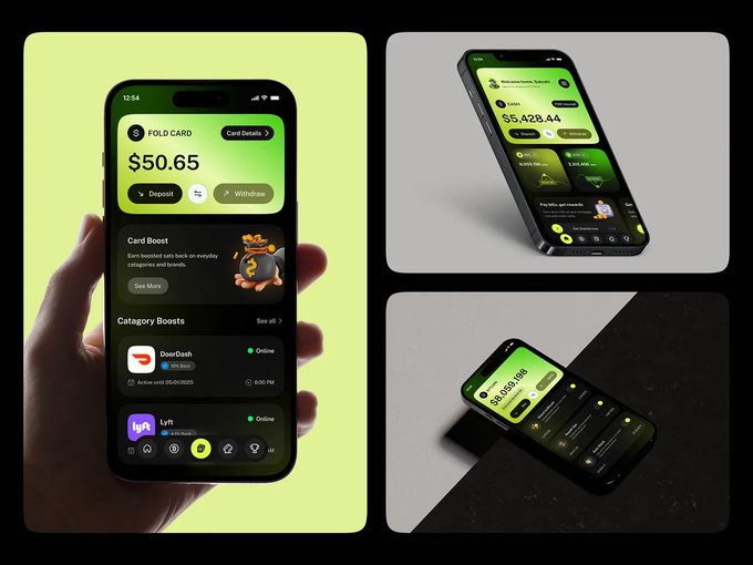 Three smartphone mockups display a banking or finance app interface with a vibrant green and black color scheme, showing a "FOLD CARD" balance of "$50.65" and category boost options.
