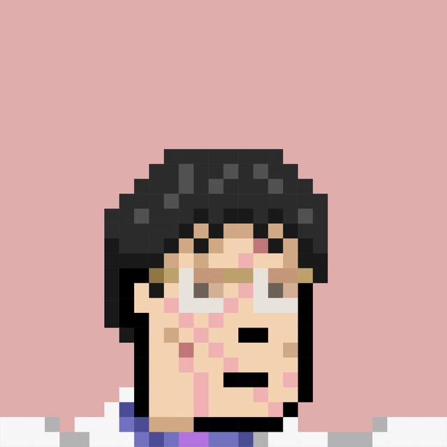 A pixel art portrait of a character with black hair and glasses against a pink background, showing facial details rendered in blocky pixels.