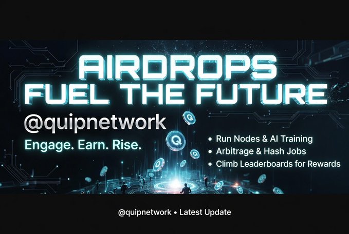 The image features an advertisement for QuipNetwork that promotes airdrops as a way to engage with the community. The text "Airdrops are coming to @quipnetwork" indicates that Quip Network is actively working on implementing airdrops into their platform, and they want users to participate in this new approach to reward and engage with others online.