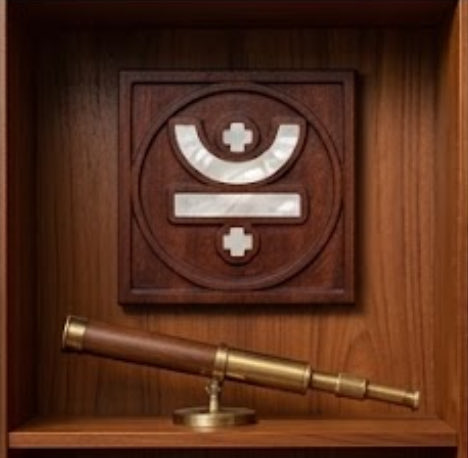 A wooden shelf display featuring a decorative carved panel with mother-of-pearl inlay and a brass telescope below it.